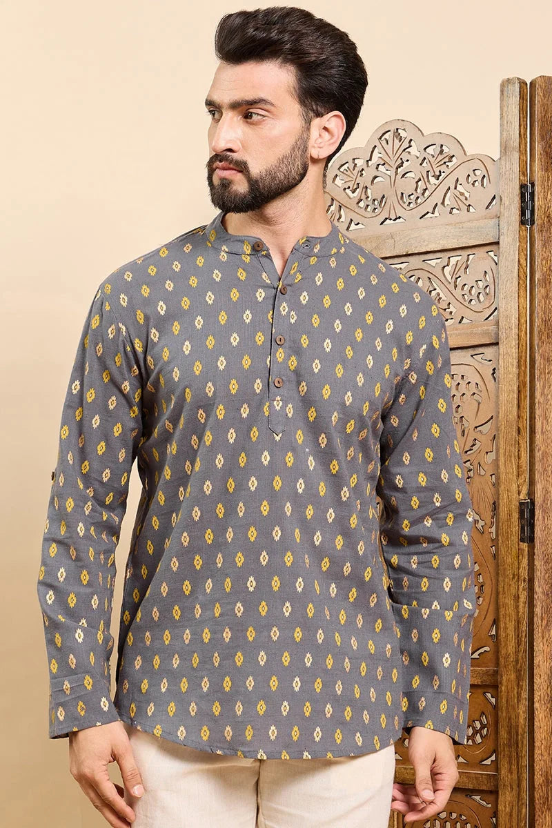 Grey Cotton Short Kurta for Men - Ethnic Motifs | Ethnic Bay