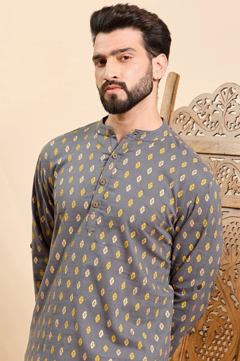 Grey Cotton Short Kurta for Men - Ethnic Motifs | Ethnic Bay