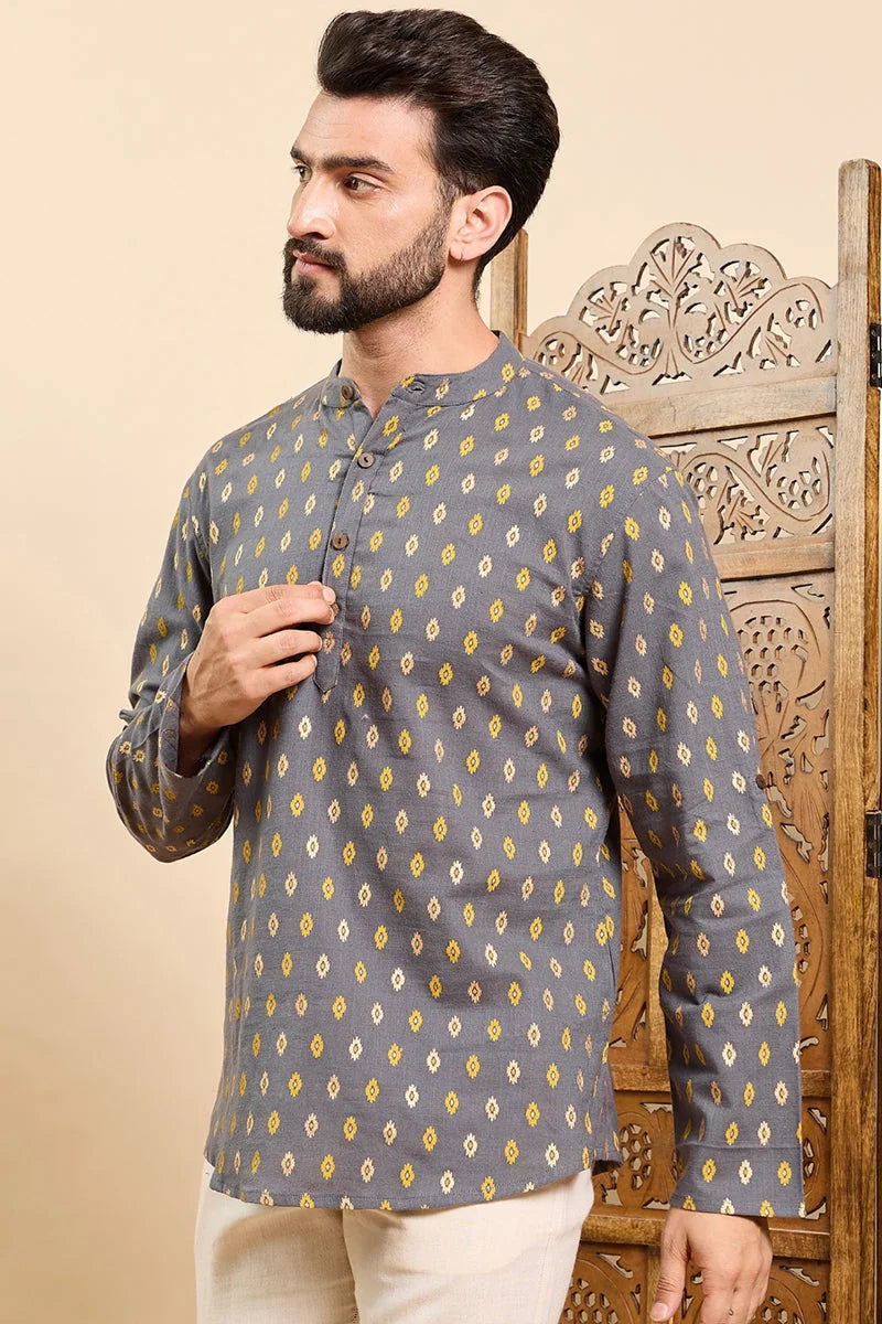Grey Cotton Short Kurta for Men - Ethnic Motifs | Ethnic Bay