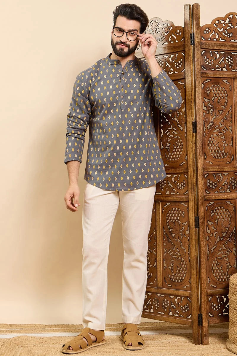 Grey Cotton Short Kurta for Men - Ethnic Motifs | Ethnic Bay