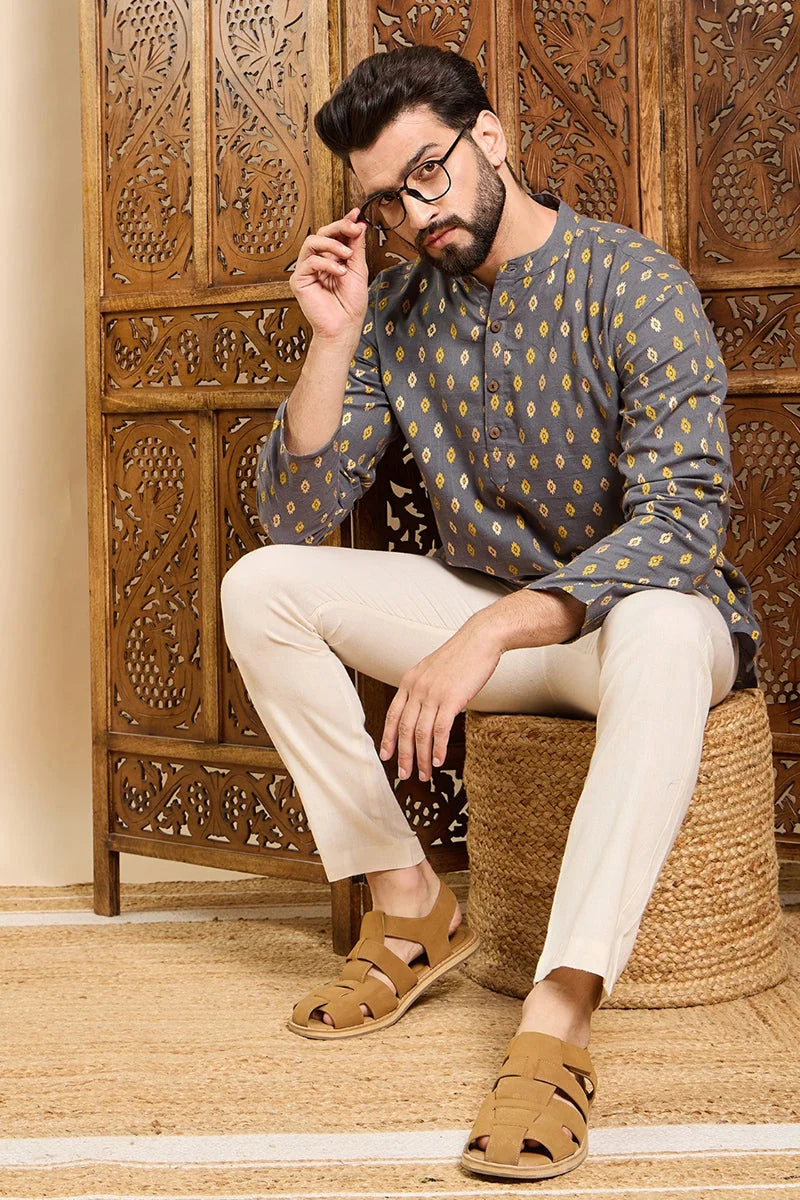 Grey Cotton Short Kurta for Men - Ethnic Motifs | Ethnic Bay