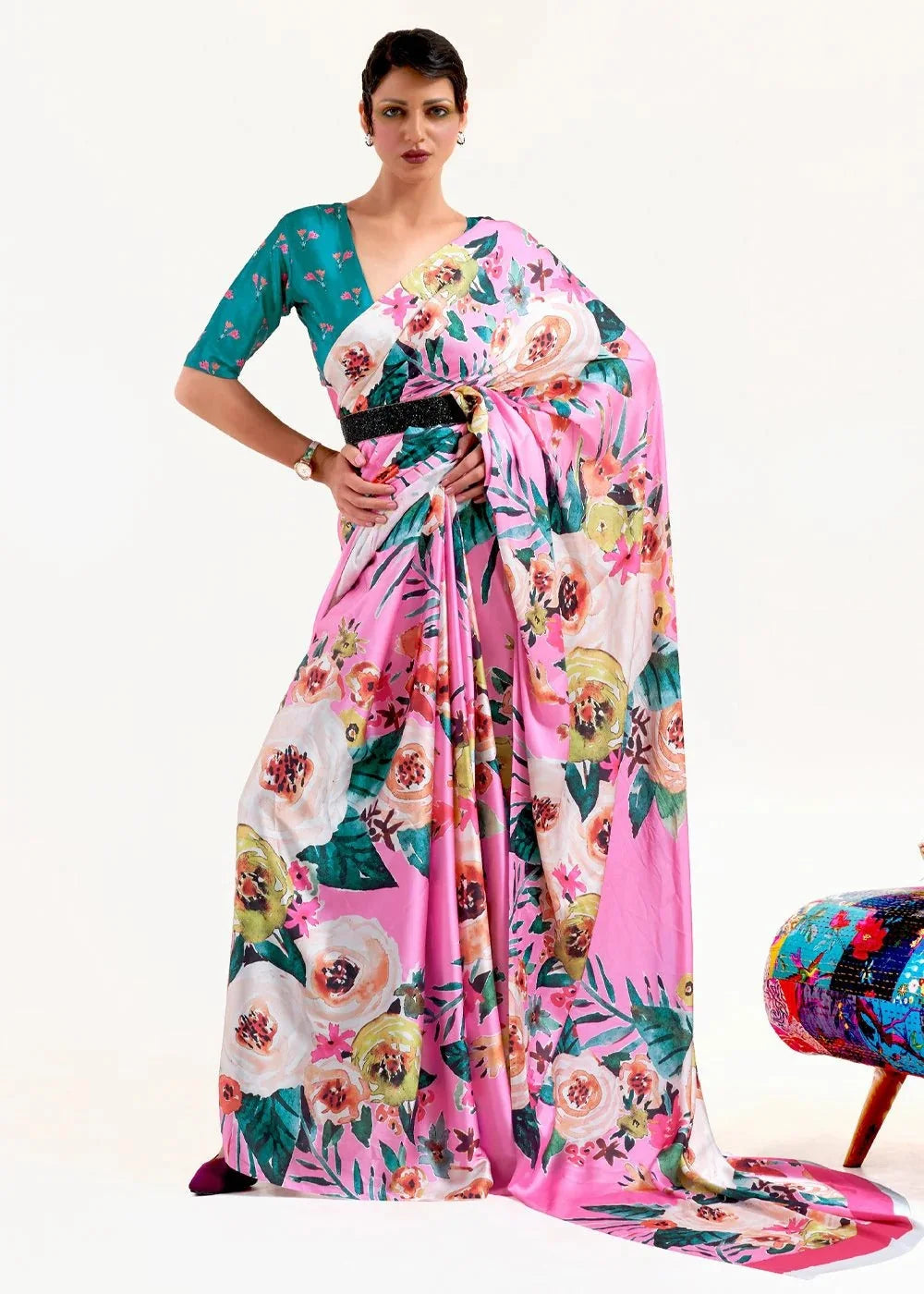 Floral Print PolySatin Saree | Indian Sarees for Women