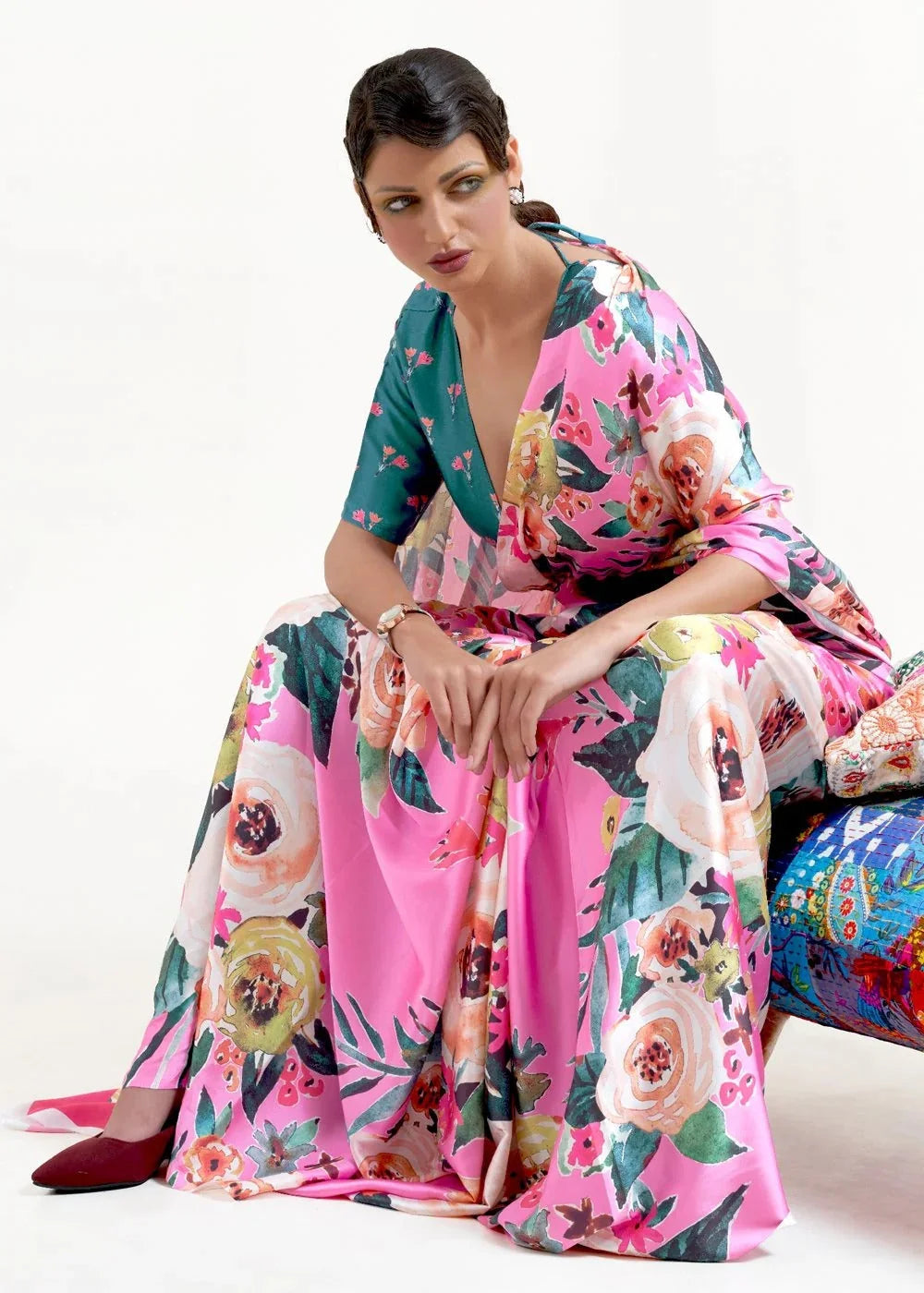 Floral Print PolySatin Saree | Indian Sarees for Women