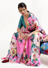 Women's Latest Digital Print, Floral Print, Striped, Paisely, Bollywood Satin, Silk Blend Saree-AVN-8090-PINK-FLORAL