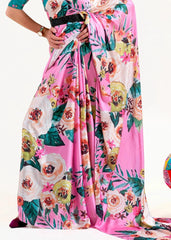 Women's Latest Digital Print, Floral Print, Striped, Paisely, Bollywood Satin, Silk Blend Saree-AVN-8090-PINK-FLORAL