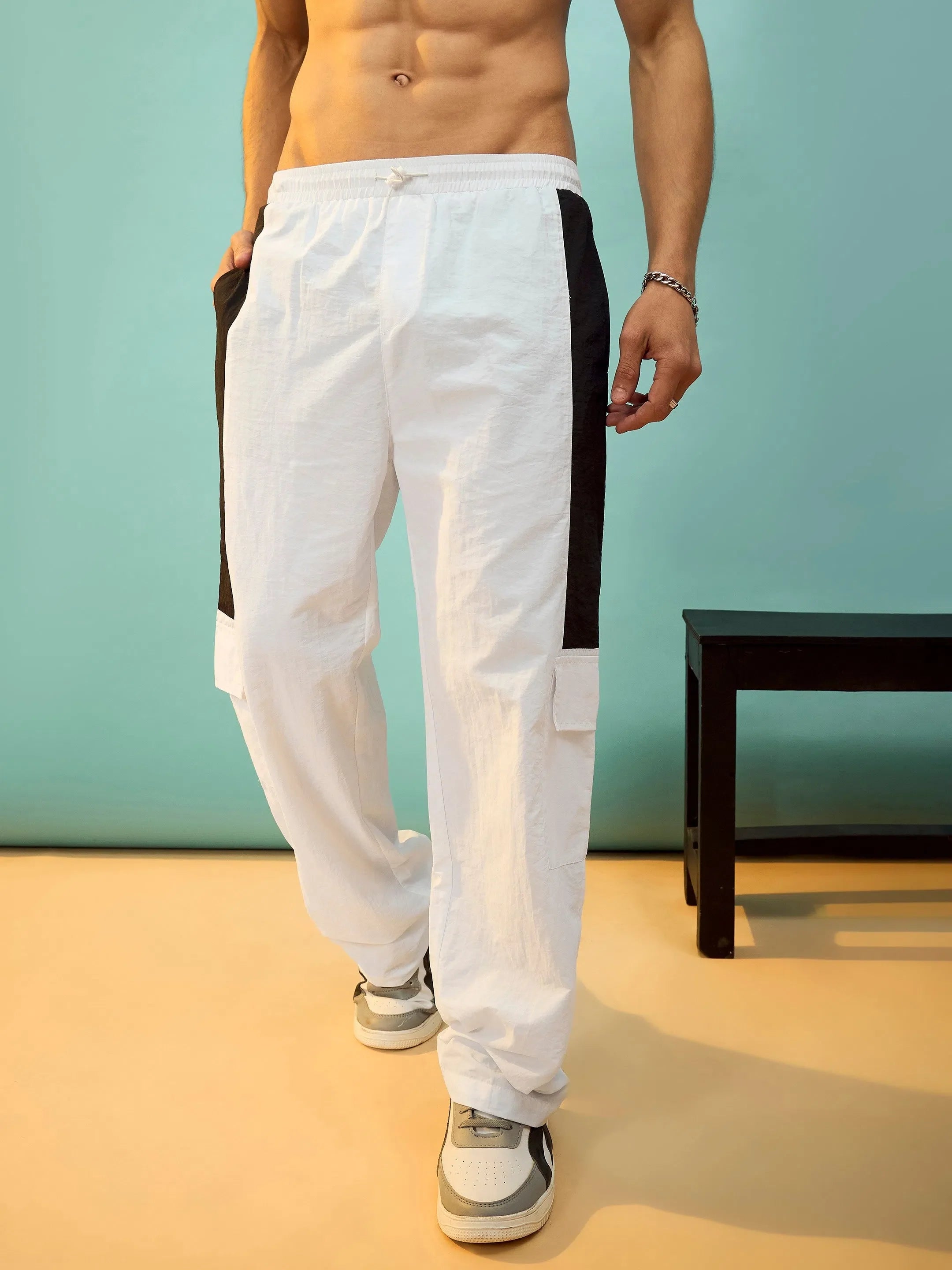 White & Black Flap Pocket Parachute Pants | Cargo Pants