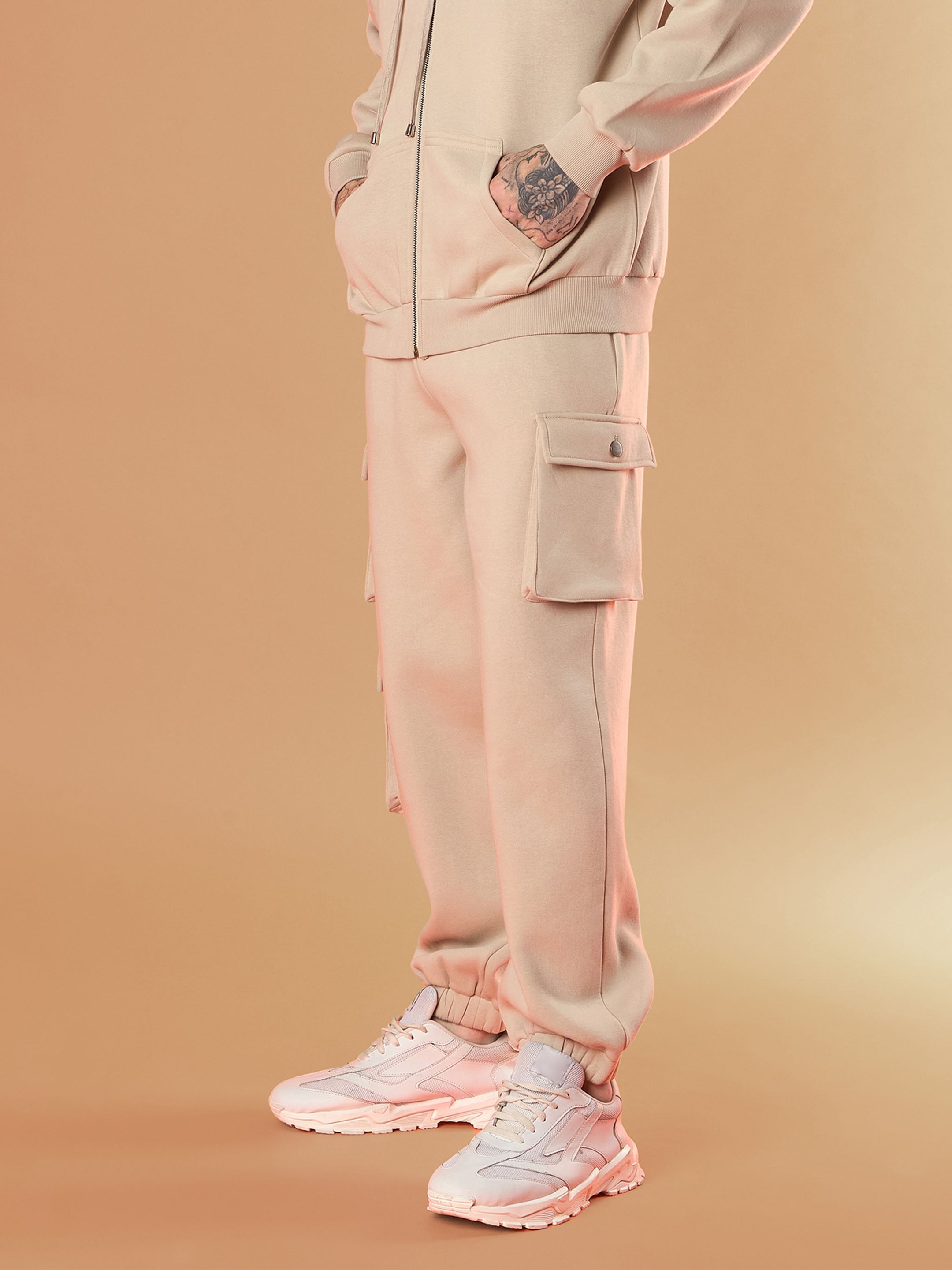 Men Taupe Utility Pockets Oversized Joggers-MSPANT50911