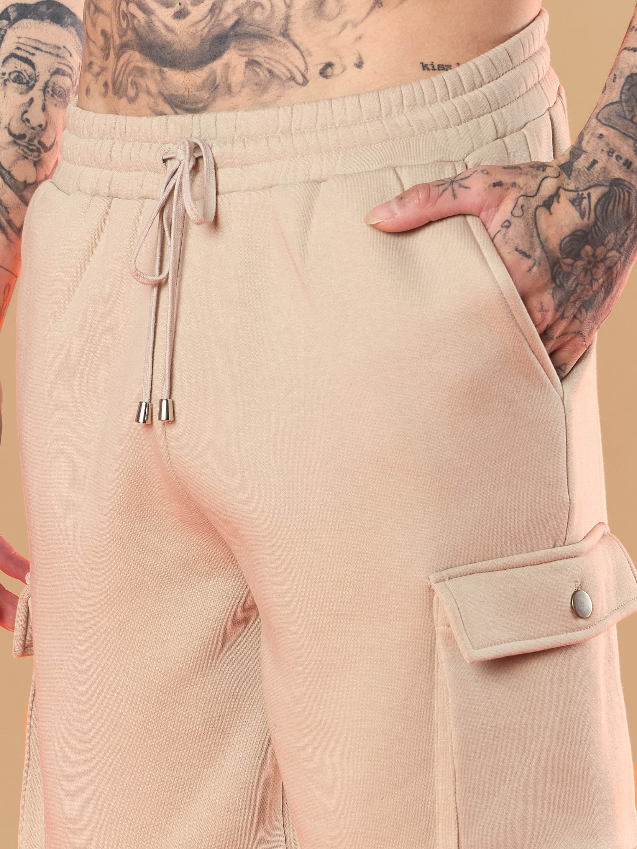 Men Taupe Utility Pockets Oversized Joggers-MSPANT50911