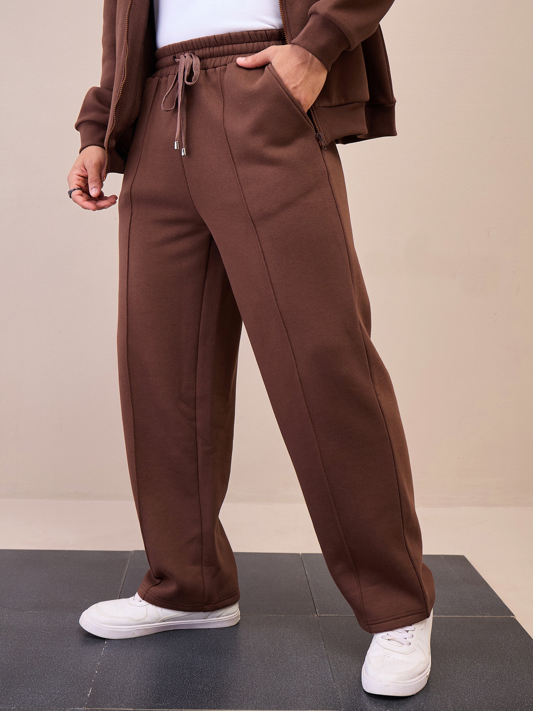 Men Dark Brown Pintuck Oversize Sweatpants-MSPANT51020