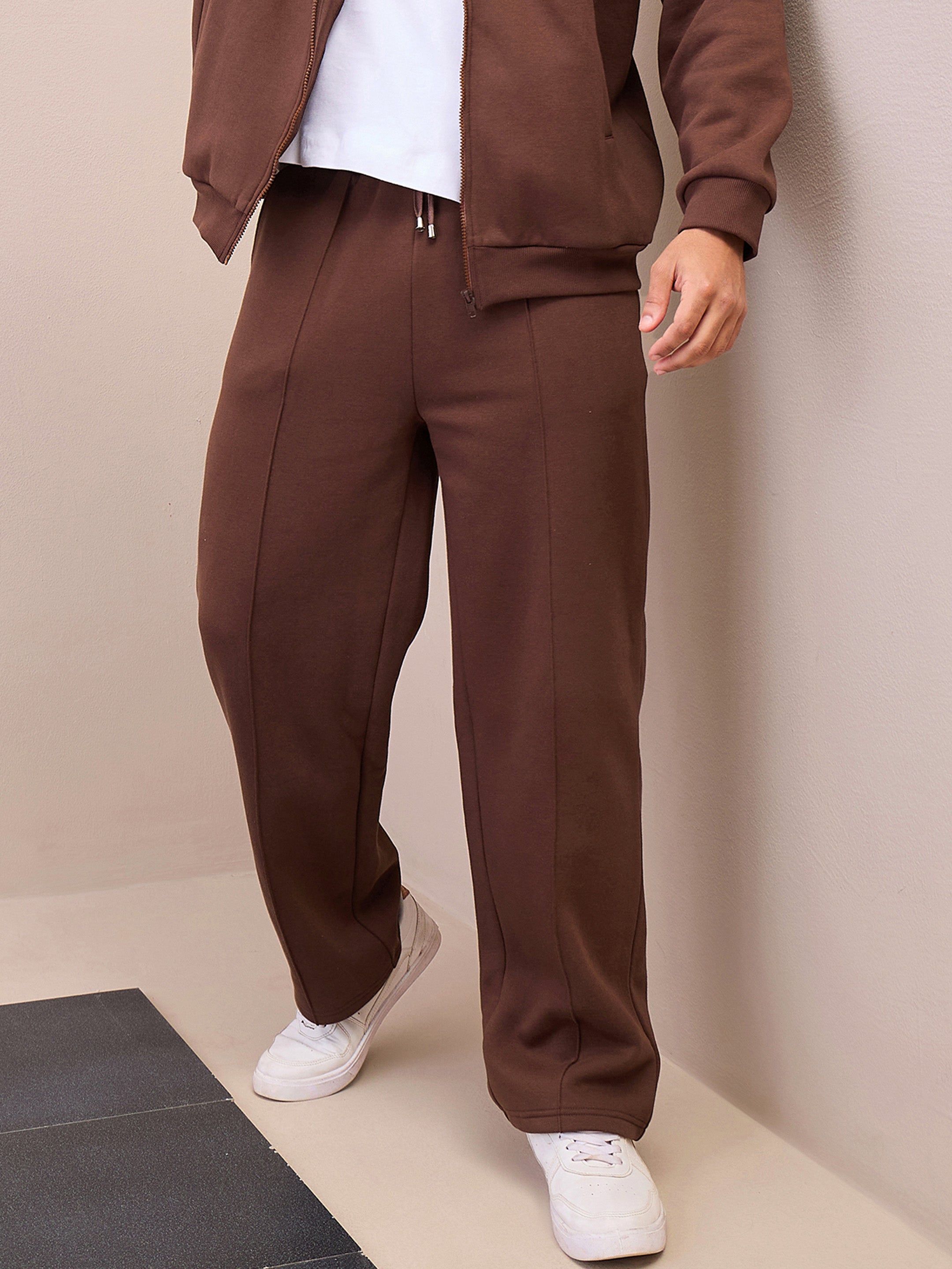 Men Dark Brown Pintuck Oversize Sweatpants-MSPANT51020