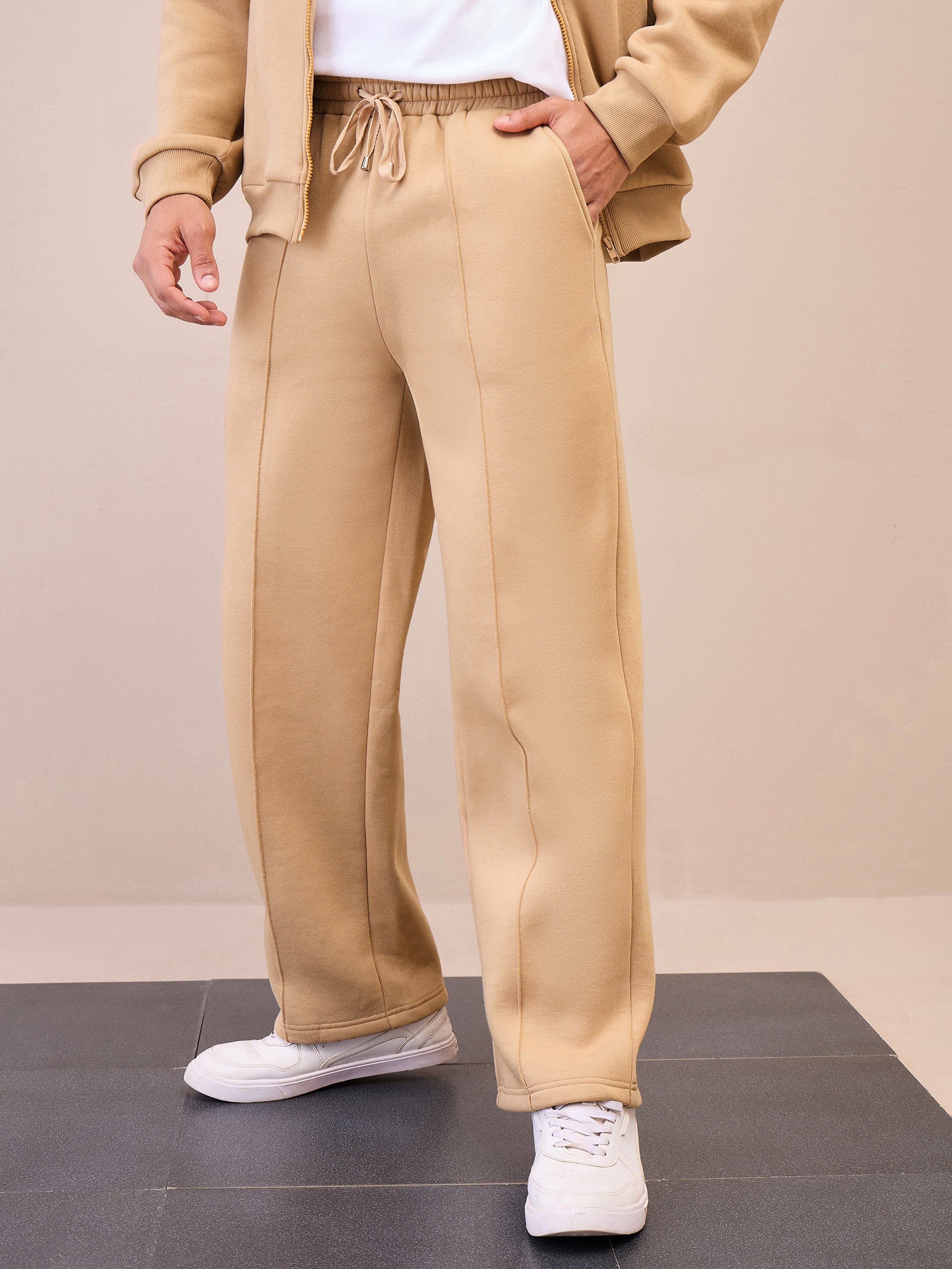 Men Beige Pintuck Oversize Sweatpants-MSPANT51021