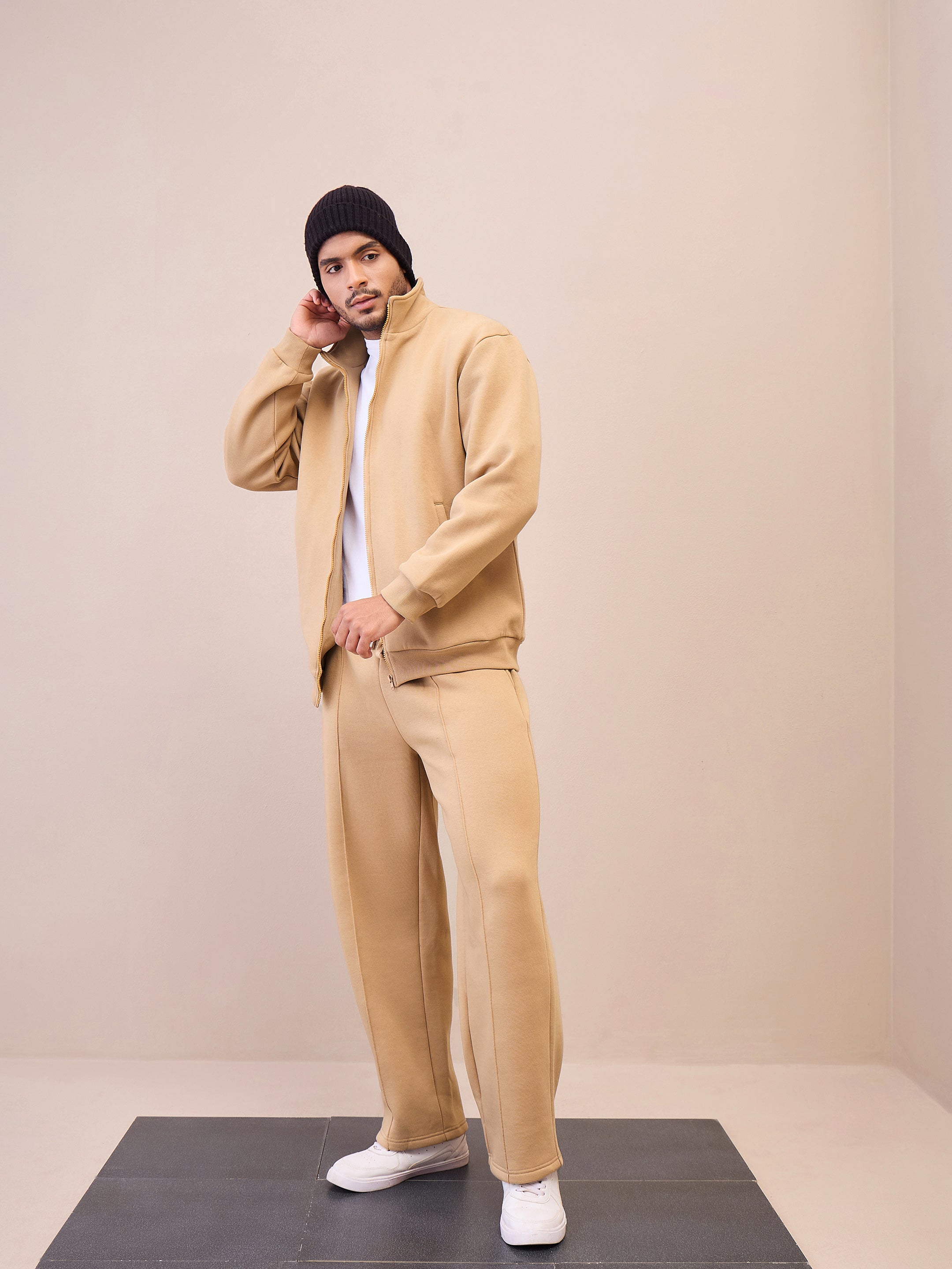 Men Beige Pintuck Oversize Sweatpants-MSPANT51021