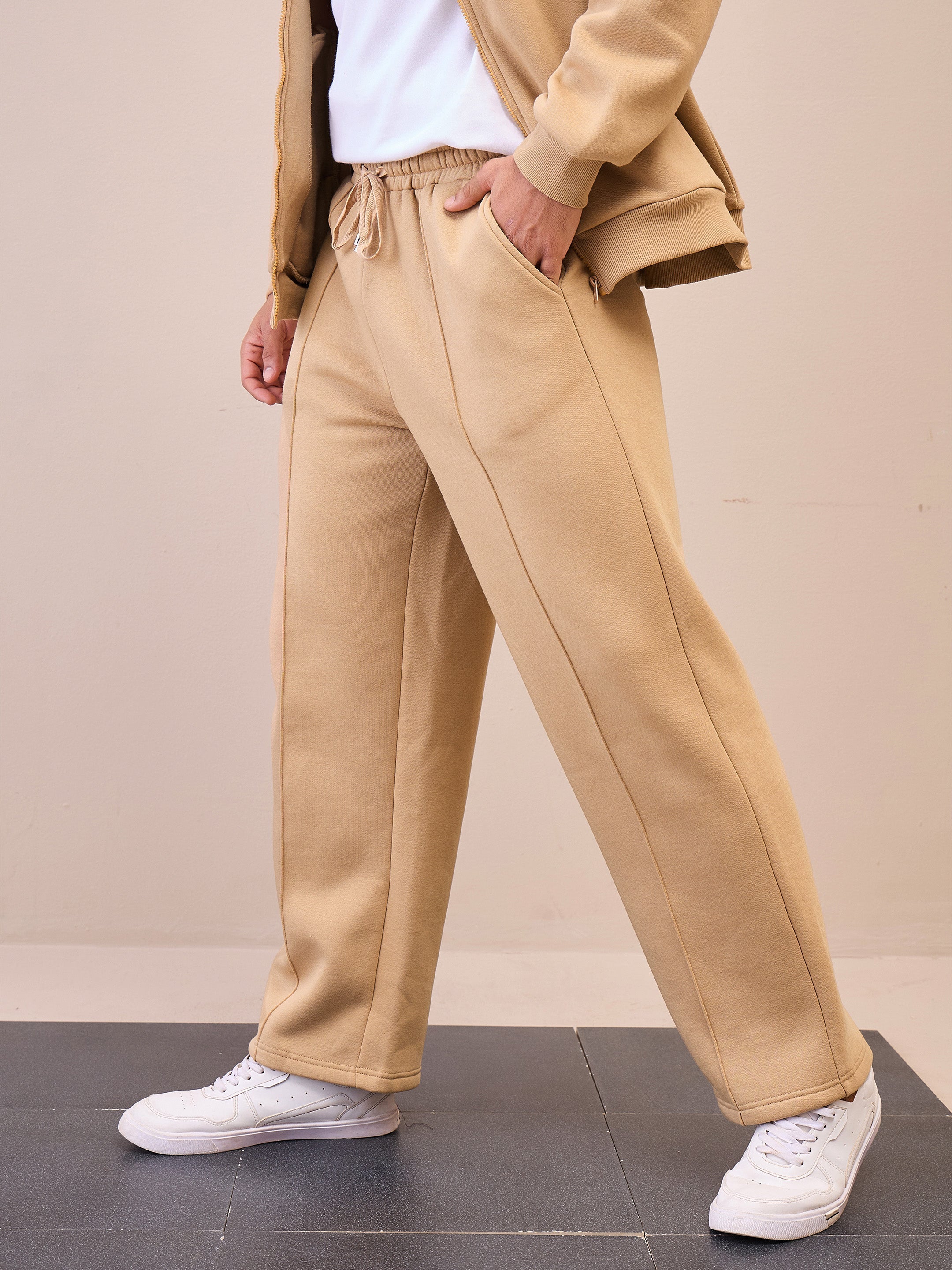 Men Beige Pintuck Oversize Sweatpants-MSPANT51021