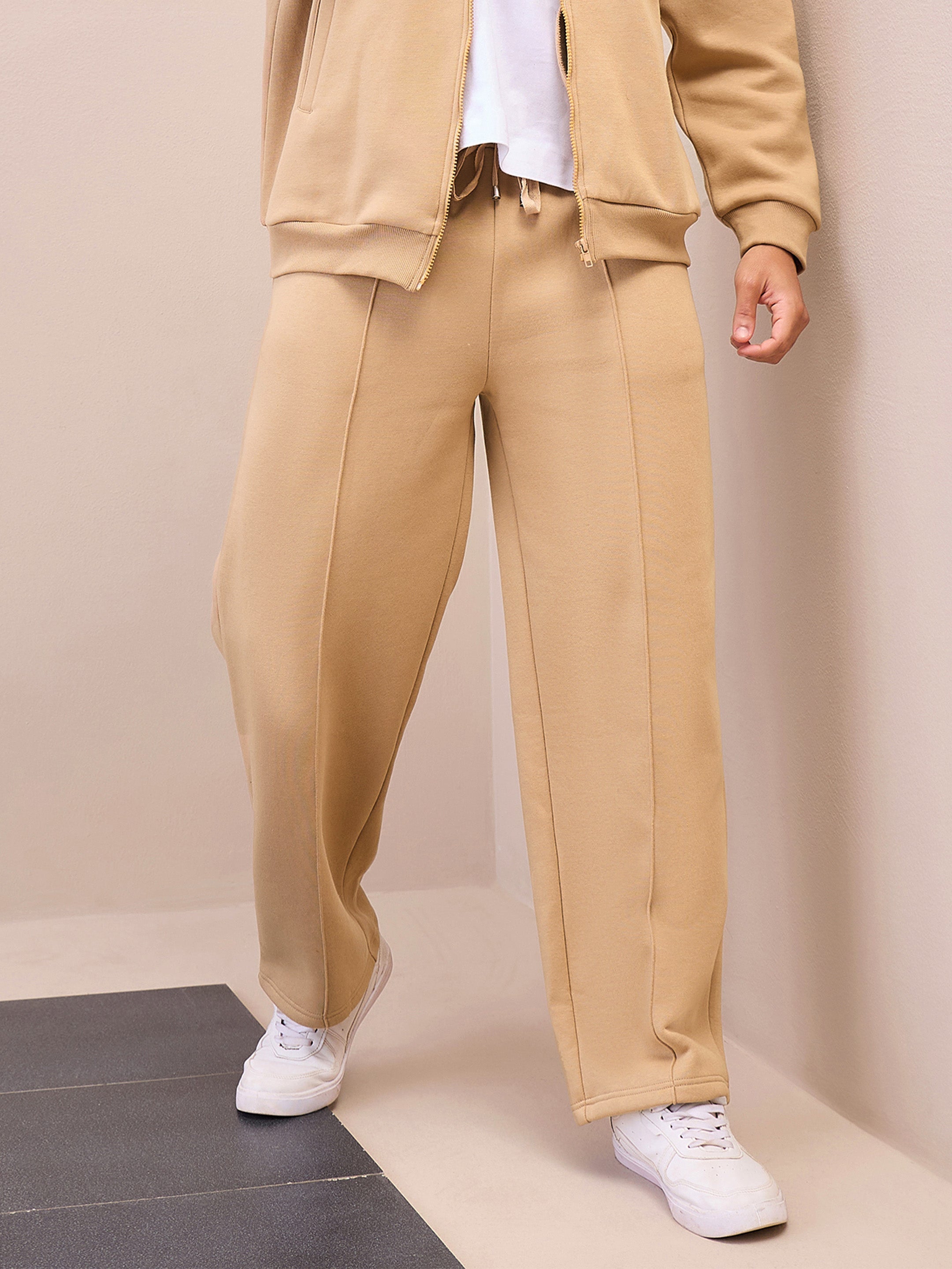 Men Beige Pintuck Oversize Sweatpants-MSPANT51021