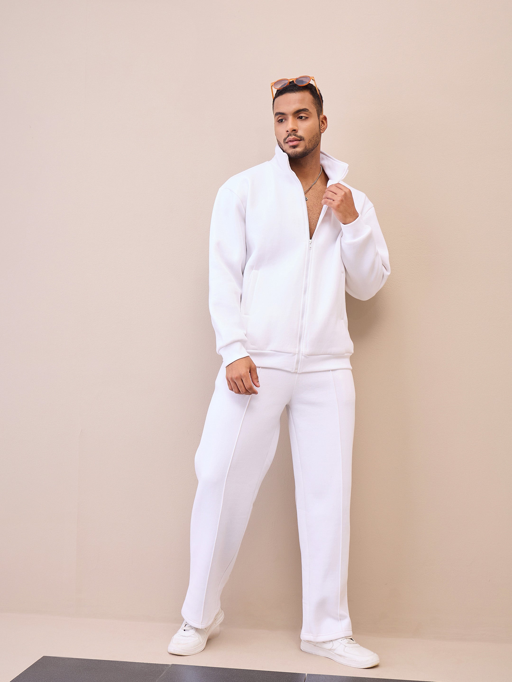 Men White Pintuck Oversize Sweatpants-MSPANT51023
