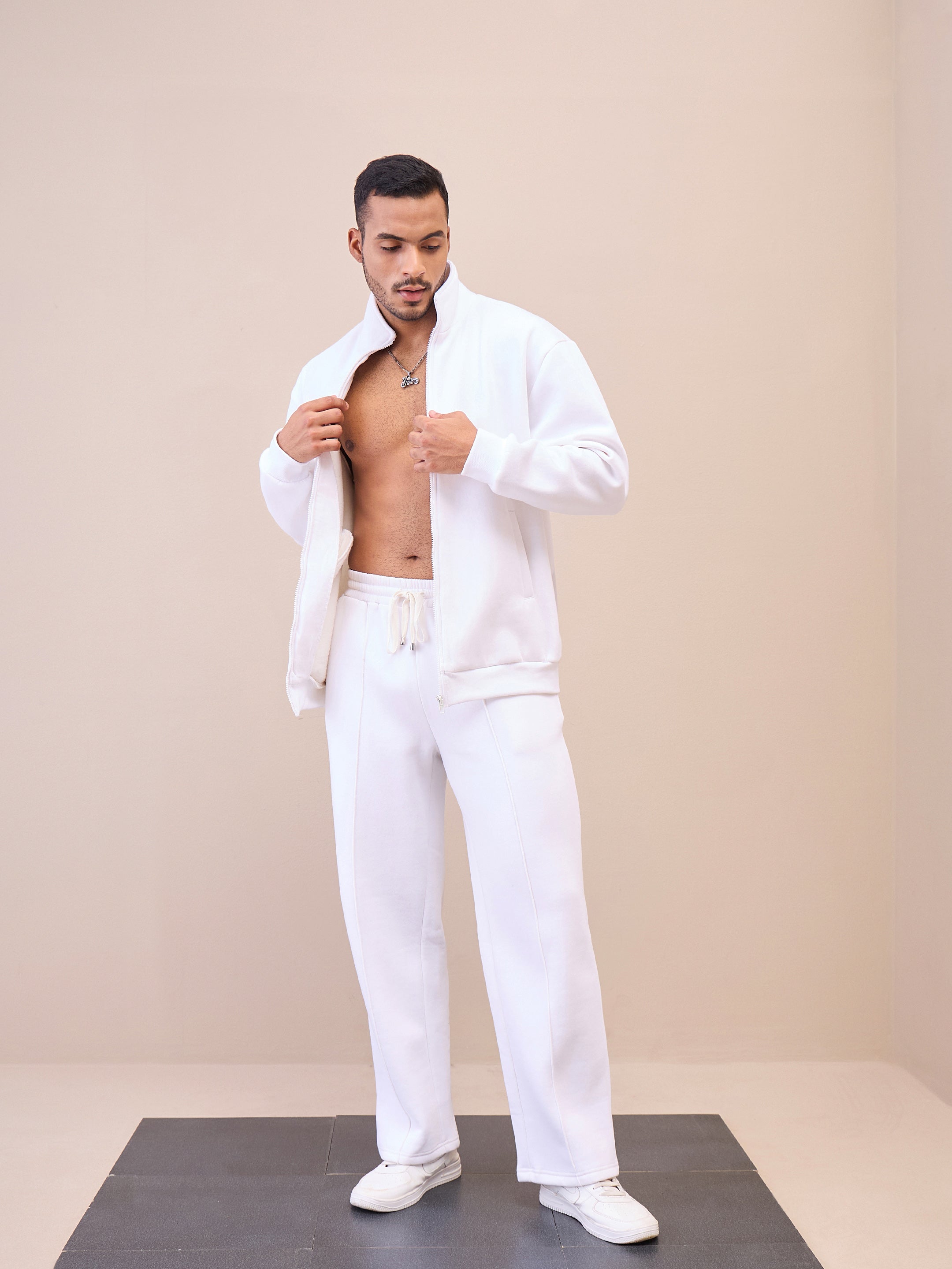 Men White Pintuck Oversize Sweatpants-MSPANT51023