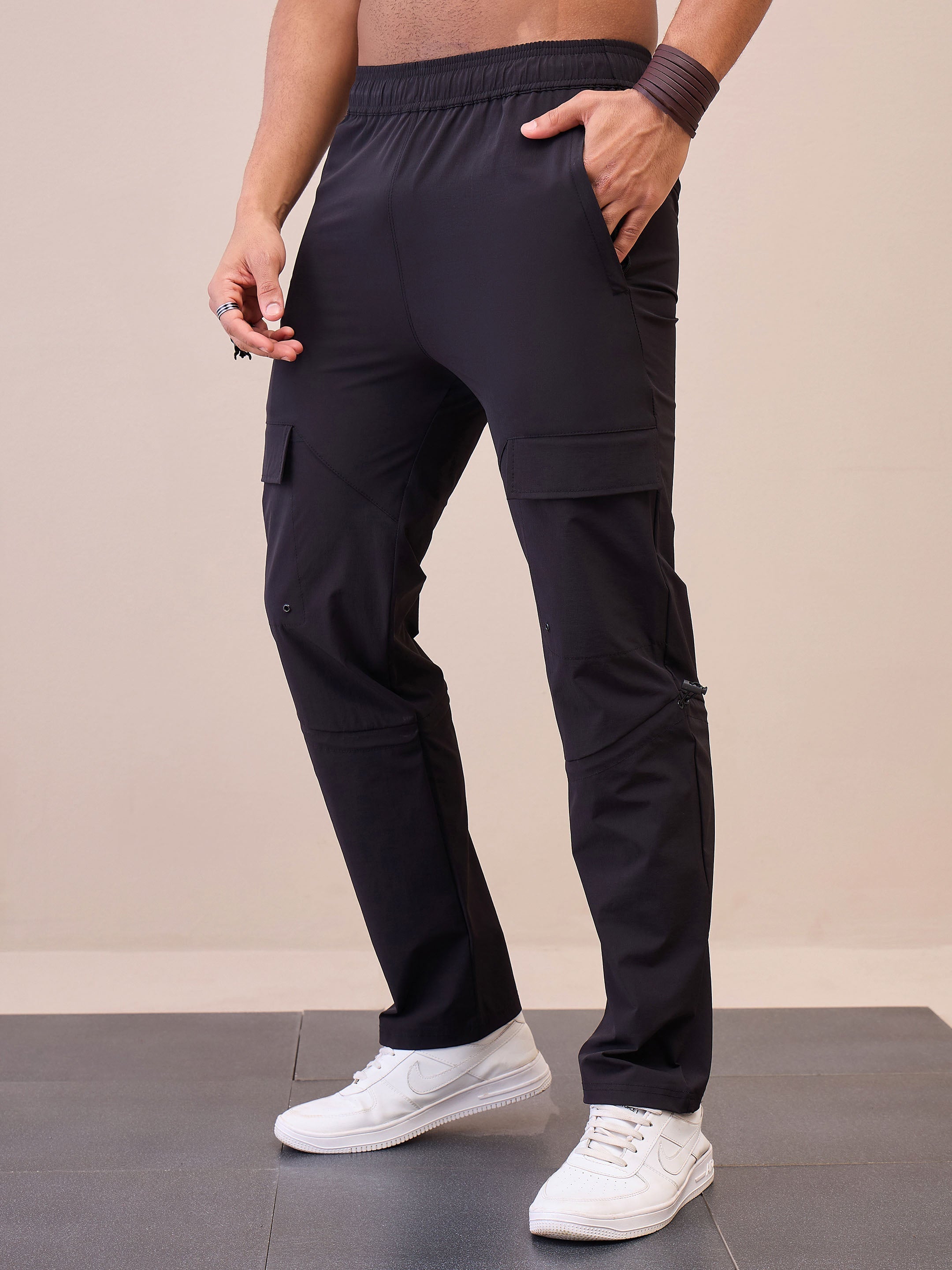 Men Unisex Black Front Pocket Parachute Pants-MSPANT51033