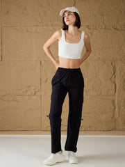 Women Unisex Black Front Pocket Parachute Pants-MSPANT51033