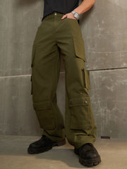 Men Green Twill Utility Pockets Wide Leg Cargo Pants-MSPANT51106