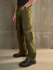 Men Green Twill Utility Pockets Wide Leg Cargo Pants-MSPANT51106