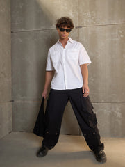 Men Black Twill Utility Pockets Wide Leg Cargo Pants-MSPANT51107