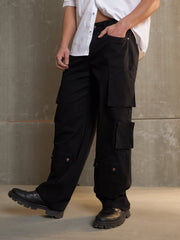 Men Black Twill Utility Pockets Wide Leg Cargo Pants-MSPANT51107