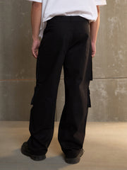 Men Black Twill Utility Pockets Wide Leg Cargo Pants-MSPANT51107