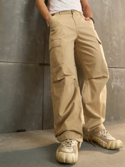 Men Beige Twill Facing Detail Wide Leg Cargo Pants-MSPANT51108