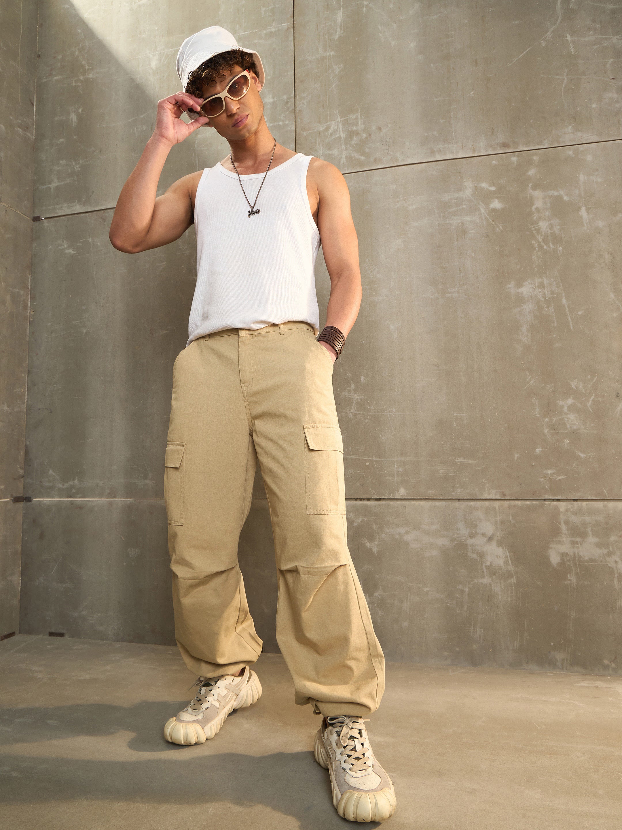 Men Beige Twill Facing Detail Wide Leg Cargo Pants-MSPANT51108