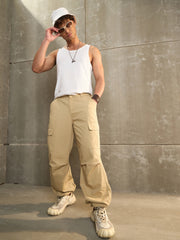 Men Beige Twill Facing Detail Wide Leg Cargo Pants-MSPANT51108