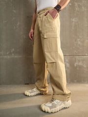 Men Beige Twill Facing Detail Wide Leg Cargo Pants-MSPANT51108