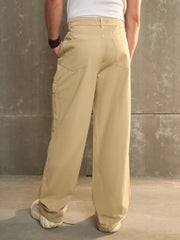 Men Beige Twill Facing Detail Wide Leg Cargo Pants-MSPANT51108