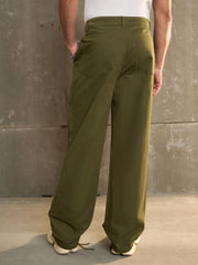 Men Green Twill Facing Detail Wide Leg Cargo Pants-MSPANT51109