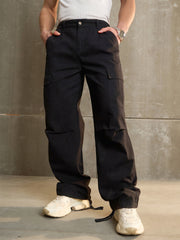 Men Black Twill Facing Detail Wide Leg Cargo Pants-MSPANT51110