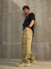 Men Olive Twill Cargo Pockets Wide Leg Pants-MSPANT51111