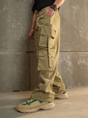 Men Olive Twill Cargo Pockets Wide Leg Pants-MSPANT51111