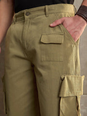Men Olive Twill Cargo Pockets Wide Leg Pants-MSPANT51111
