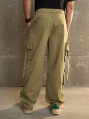 Men Olive Twill Cargo Pockets Wide Leg Pants-MSPANT51111