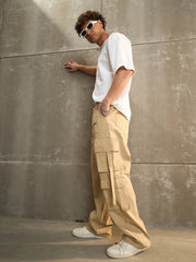 Men Beige Twill Cargo Pockets Wide Leg Pants-MSPANT51112