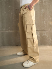 Men Beige Twill Cargo Pockets Wide Leg Pants-MSPANT51112