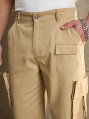 Men Beige Twill Cargo Pockets Wide Leg Pants-MSPANT51112