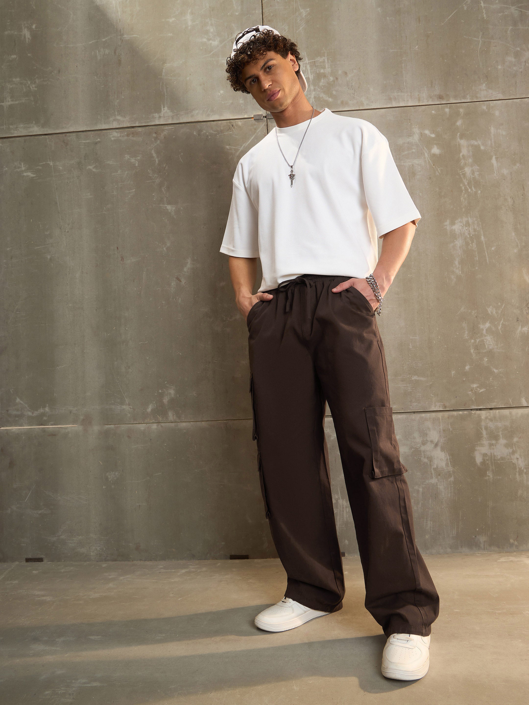 Men Brown Twill Elasticated Waist Wide Leg Pants-MSPANT51113