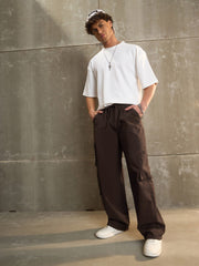 Men Brown Twill Elasticated Waist Wide Leg Pants-MSPANT51113
