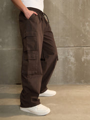 Men Brown Twill Elasticated Waist Wide Leg Pants-MSPANT51113