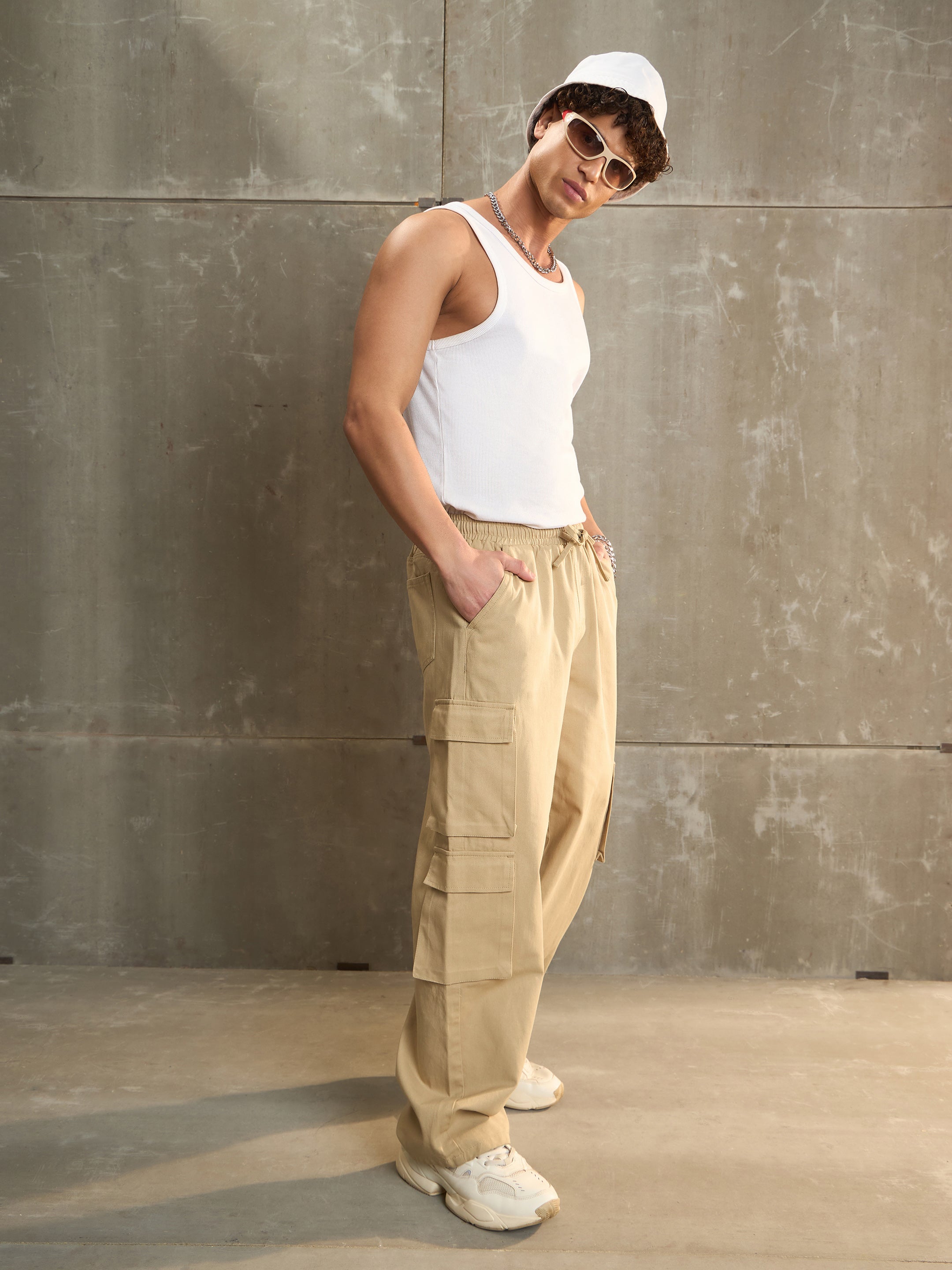 Men Beige Twill Elasticated Waist Wide Leg Pants-MSPANT51114