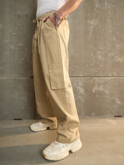 Men Beige Twill Elasticated Waist Wide Leg Pants-MSPANT51114