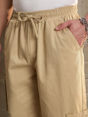 Men Beige Twill Elasticated Waist Wide Leg Pants-MSPANT51114