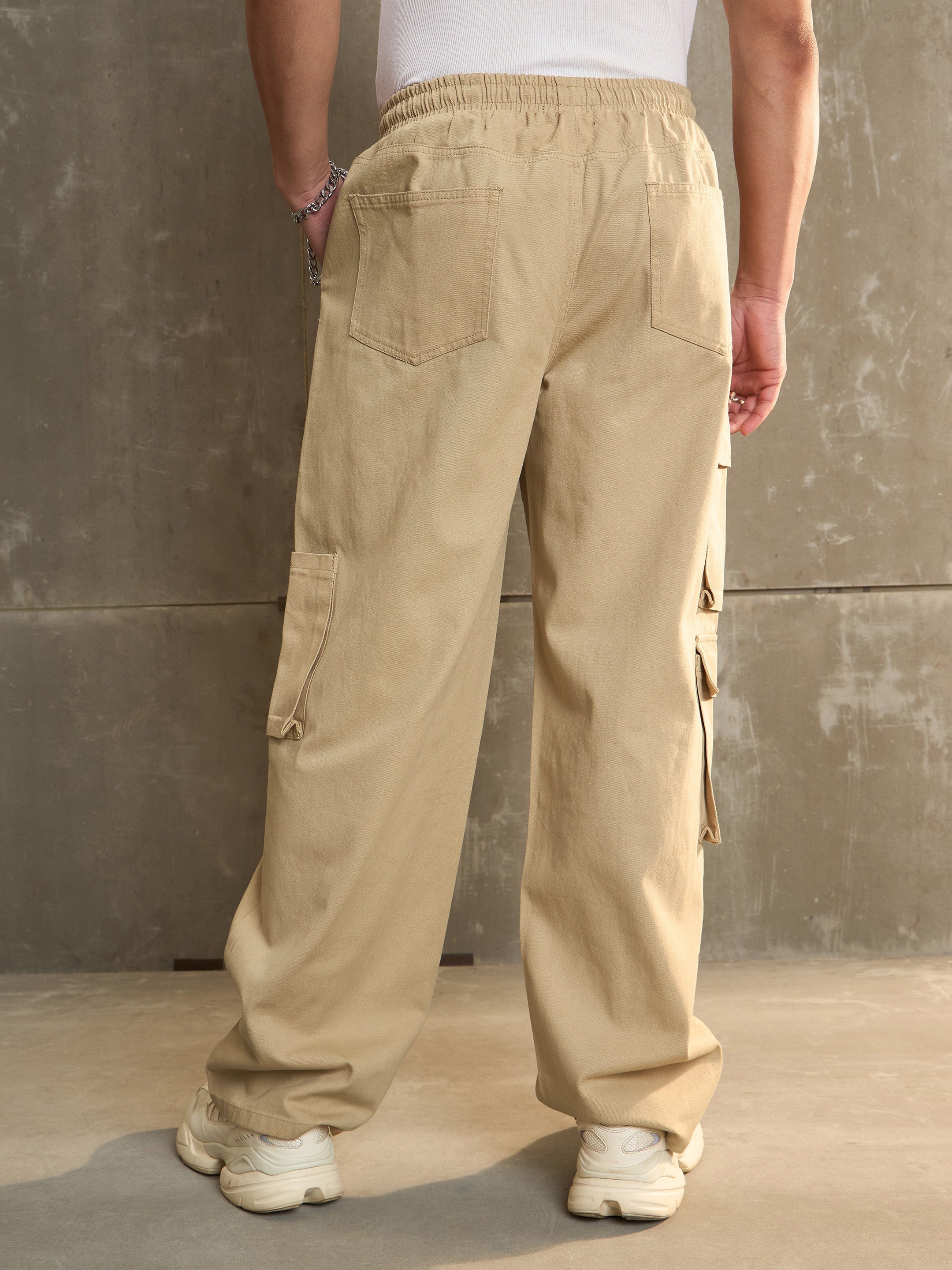 Men Beige Twill Elasticated Waist Wide Leg Pants-MSPANT51114