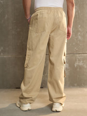 Men Beige Twill Elasticated Waist Wide Leg Pants-MSPANT51114