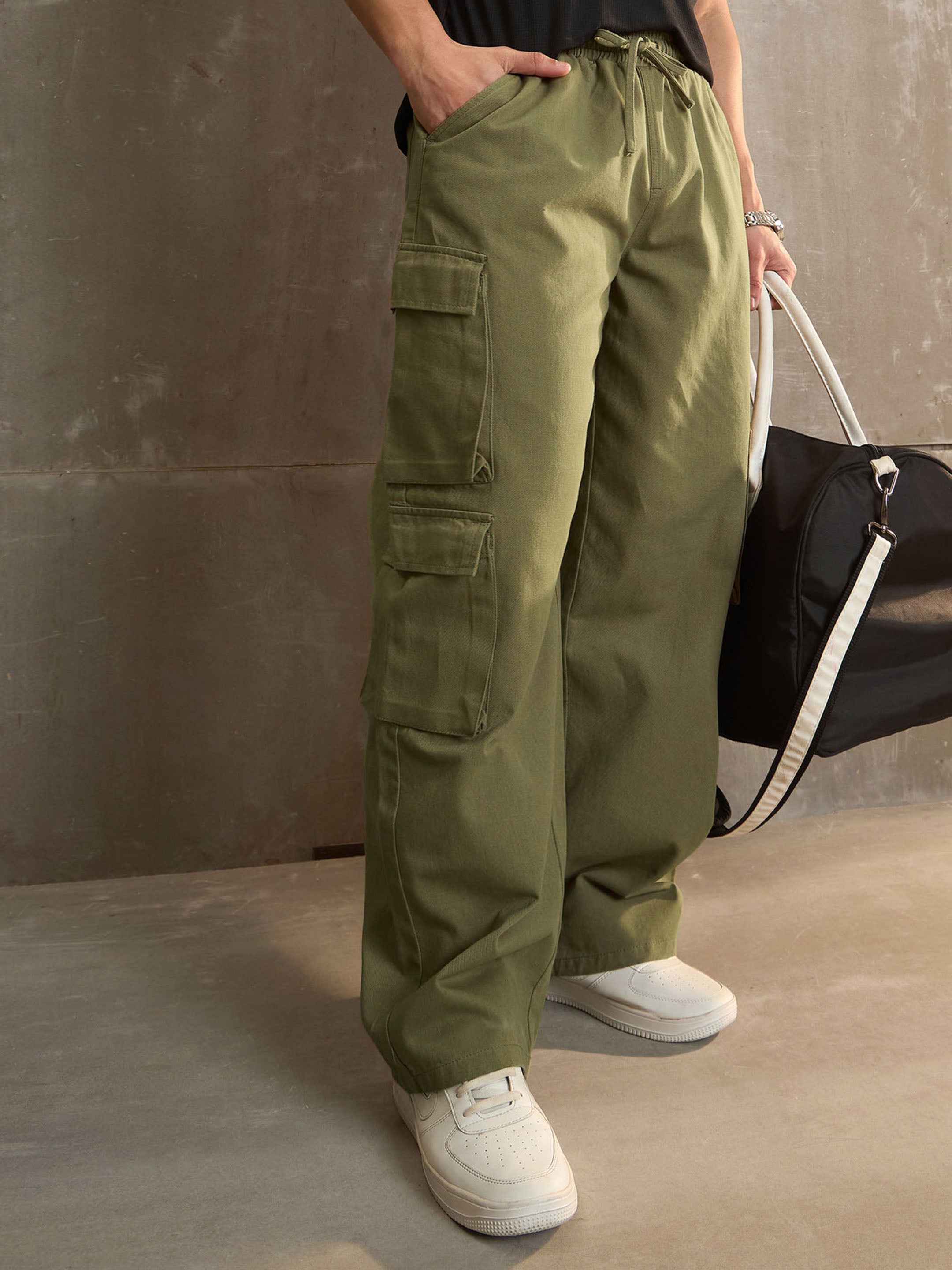 Men Olive Twill Elasticated Waist Wide Leg Pants-MSPANT51115
